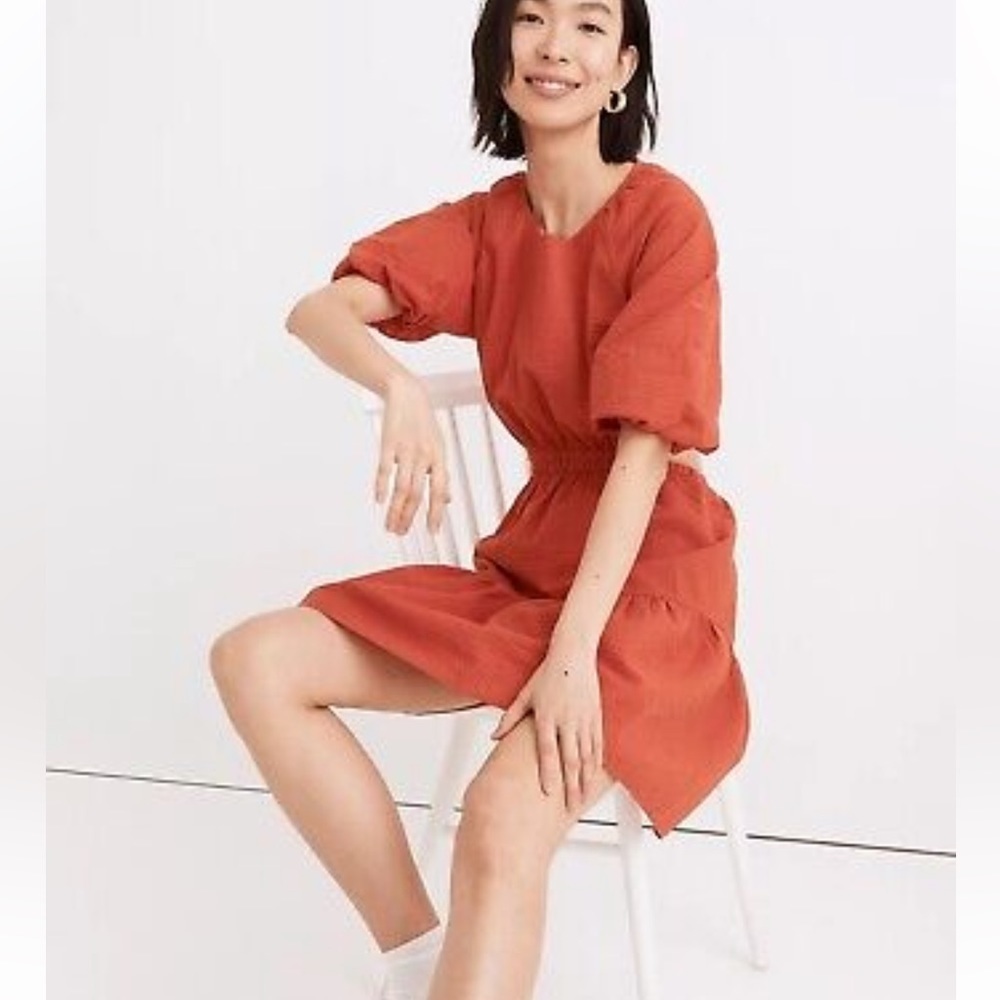 Madewell XL Seersucker Puff-Sleeve Cutout Mini Dress